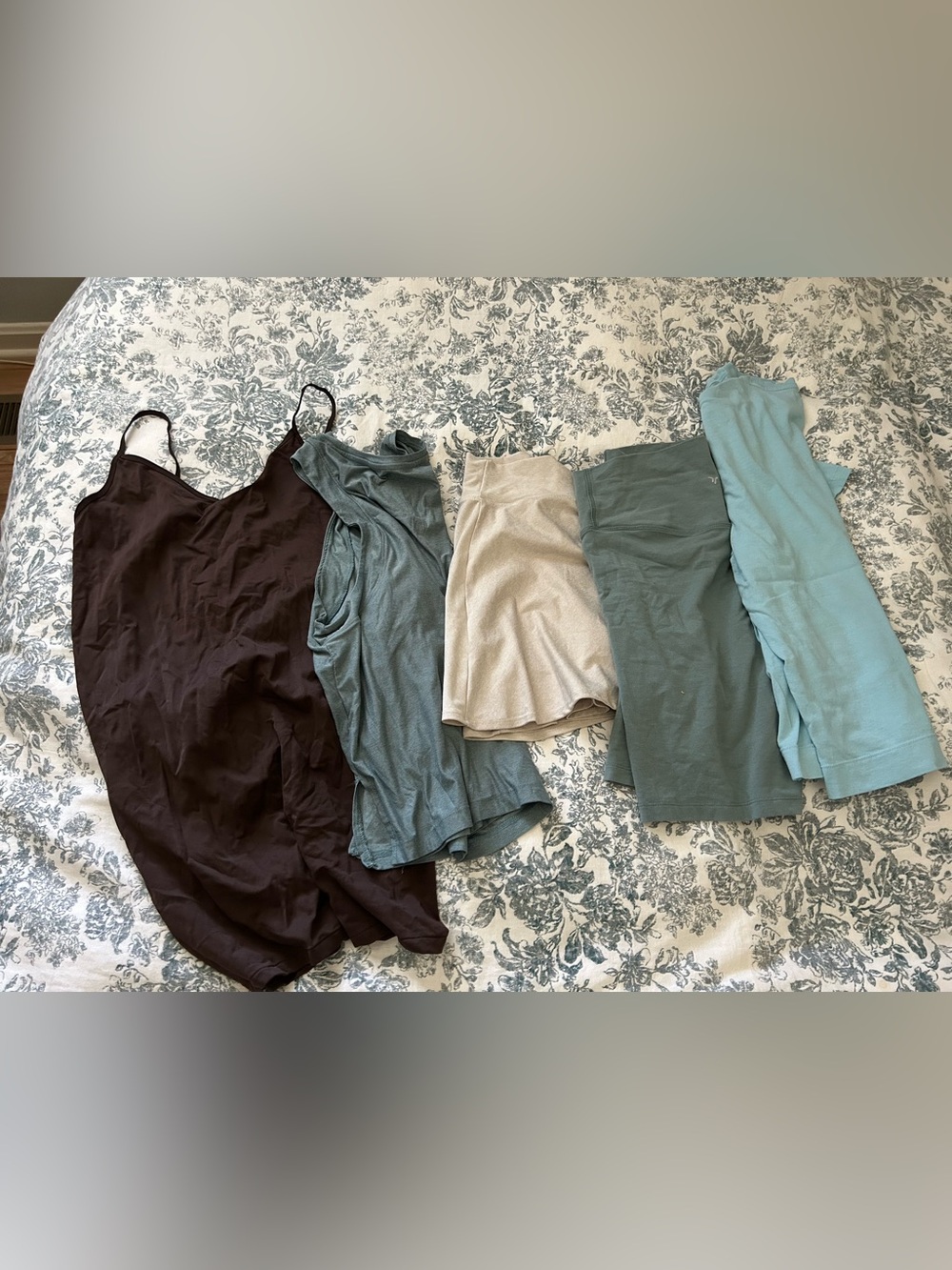 Old Navy Bundle beige skort, teal biker shorts, teal tank top, brown bodysuit,
